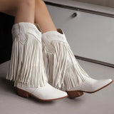 KYLETHOMASW  -  Women Fringe Western Boots Pink Sweet Embroidered Boots Brown Tassels Block Medium Heels Shoes Plus Size 48 Lady Winter