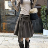 KYLETHOMASW  -  Autumn Fashion Pleated Skirt Women High Waist Solid Color Versatile  A-Line Skirts Office Lady Belt Knee Length Skirt 872A