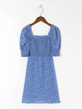 KYLETHOMASW  -  Retro French Style Blue Floral Print Square Collar Dress Puff Sleeve Elastic Ruched Chest Woman Dresses Holiday Robe Female