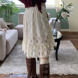 KYLTHOMASW  -  Low Waist Drawstring Pleated Casual Knee-length Skirt Women 2024 Spring New Korean Sexy Hollow Solid Color Lace A-line Skirt