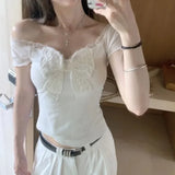 KYLETHOMASW  -  Sexy Coquette Streetwear T Shirts Women Korean Fashion Vintage Bow Lace Patchwork V Neck Slim Tees Tops Summer Chic