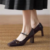 KYLETHOMASW  -  Metal Buckle Decoration Mary Jane Shoes Women Comfortable Leather High Heels Elegant Chunky Heel Women Pumps Zapatos De Mujer