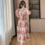 KIylethomasw French Chic Women V Neck Flower Print Chiffon Midi Dress 2024 New Spring Long Sleeve Drawstring Waist Holiday Floral Sweet Dress