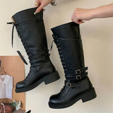 KYLETHOMASW  -  Fashion Punk Style Cross-Strap Low Heels Knee-High Boots Women Belt Buckle Round Toe Zipper Designer Shoes