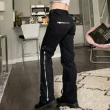 KYLETHOMASW  -  Dark Punk Y2k Grunge Low Waist Emo Jeans Mall Gothic Women Black Patchwork Electro Pants Fashion Streetwear Alt Clothes