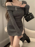 KYLETHOMASW  -  Y2K Knitted Mini Dress Women Streetwear Sexy Off Shoulder Sweater A Line Dresses Christmas Party Korean Bodycon Vestidos