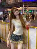 KYLETHOMASW  -  Fashion Street Lace Patchwork Denim Skirt for Women Vintage Hole Washed Low-waist Skirts 2025 Summer New Blue Faldas De Mujer