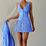 KYLETHOMASW  -  Women Sexy Outfit Sleeveless Vest Top Suit Party Club Blazer Vest Tops Mini Elegant Pleated Skirt Summer Two Piece Set 2025
