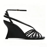 KYLETHOMASW  -  Narrow Band Wedges Leather Sandals Sexy Square Toe Corss Tied Back Straps Customized New Arrivals Fashion Women Modern Shoes