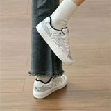 KYLETHOMASW  -  WomenCute Cartoon Rabbit PlatformSneakers Grey‑White Polka DotPatchwork Thick Sole Lace‑Up Skate Board ShoesGirls Casual Walking