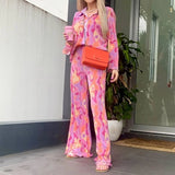 KYLETHOMASW  -  Y2K Graphic Print Long Sleeve Shirt Blouse + Wide Leg Pants Chic Women Two Piece Set Vintage Streetwear Boho Holiday Outfits