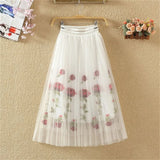 KYLETHOMASW  -  Fashion Ladies Elastic High Waist Mid-Long A-Line Pleated Skirts 2024 New Summer Women Rose Floral Embroidery Mesh Skirt