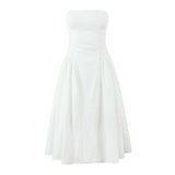KYLETHOMASW  -  Sexy White Slash Collar Backless Midi Long Strapless Dress Women Pleated Folded Low Waist Pleated Ruched Hem Swing Party Robe