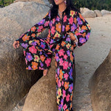 KYLETHOMASW  -  Y2K Graphic Print Long Sleeve Shirt Blouse + Wide Leg Pants Chic Women Two Piece Set Vintage Streetwear Boho Holiday Outfits