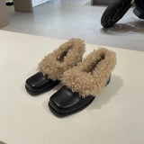 KYLETHOMASW  -  Ins style Fashion Square toe Patent Leather Wool Women Pumps Autumn Winter Warm High heels Loafers Casual Girls Chunky Shoes