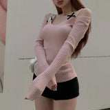 Kylethomasw  -  Two-piece Strapless Bow Sexy Long-sleeved Sweater Women 2024 Spring New Korean Contrast Color Lace Splicing Knitted Tops