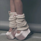 KYLETHOMASW  -  Pink Satin Platform Square Toe Wedge Heels Extreme Chunky Sole Ankle-Wrapping Straps Bow Accents Shoes for Harajuku Style Looks