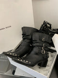 KYLETHOMASW  -  Black Gothic Shoes Platform Rivet Belt Buckle Chunky Heels Ankle Boots Punk Woman Cowboy Western Boots 2025 New Arrival