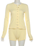 KYLETHOMASW  -  Classic Stretch 2-Piece Set Women Single-Breasted Long Sleeves o-Neck Blouse+Basis Shorts Simple Leisure Street Suits