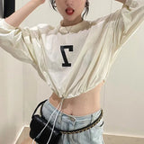Kylethomasw Korean Letter Printed Loose Casual Long-sleeved T-shirt Women Summer New O-neck Drawstring Pleated Sexy Crop Tops