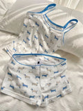 KYLETHOMASW  -  Kawaii Blue Dachshund Print Pajama Set Sleeveless Cami & High Waist Shorts - Cozy Casual Loungewear Vest Shorts 2 Pieces Set