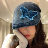 KYLETHOMASW  -  Japanese Retro Washed Vintage Butterfly Patch Cowboy Hat for Women Spring/Summer Hats Cute Beret Cape Beanie Bonnets for Women