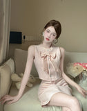 KYLETHOMASW  -  Elegant Skirt Set Women's Summer Bow Tweed Vest High Waist Mini Skirt Two-piece Set Fashion Female Clothes