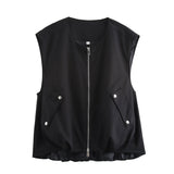 KYLETHOMASW  -  Autumn Women O Neck Front Zipper Loose Casual Vest Vintage Solid Sleeveless Outerwear
