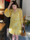 KYLETHOMASW  -  Floral Vintage Elegant Dress Women Causal Evening Beach Party Mini Dresses Female 2025 Summer Long Sleeve Two Piece Dress Korean