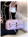 KIylethomasw Plaid Pink Bow Handbag Purse Women Hot Girls Large Capacity Bowling Bag Ladies Harajuku Underarm Bag Bolsos Aesthetic