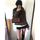 KYLETHOMASW  -  Korean Retro Casual Cow Horn Button Short Jacket Autumn/winter Plush Hooded Versatile Top Y2k Harajuku Commuter Coats Ropa Mujer