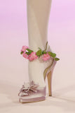 KYLETHOMASW  -  Sweet Blush Pink Satin Pointed-Toe High Heels Ankle Strap Heels Floral Detail Adjustable Buckle Strap Stiletto Heel for Weddings