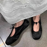 KYLETHOMASW  -  Women Satin Elastic Band Mary Jane Shoes Genuine Leather Shallow Mouth Flat Shoes Casual Outdoor Comfortable Ballet Shoes