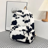 KYLETHOMASW  -  Cow Print Plush Backpack Women Fluffy Furry School Bag Milk Cow Pattern Large Capacity Casual Travel Student Rucksack Daypack