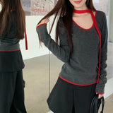 Kylethomasw Korean Retro Contrast Color Patchwork Long-sleeved T-shirt Women Autumn New High Street Lace-up Sexy Slim Striped Tops