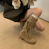 KYLETHOMASW  -  Brown Suede Boots Woman Round Toe Fall Winter Gothic Shoes Fashion Chunky Heels Knee High Boots Western Style Ladies Shoes