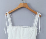 KYLETHOMASW  -  White Spliced Lace Slash Collar Ribbon Bow Strap Summer Corset Women Summer Tank Tops Pleated Slim Through Buttons Crop Top