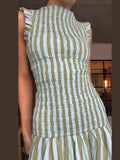 KYLETHOMASW  -  Elegance Sleeveless Striped Pleated Women Dress Slim A-line Flared Chic Robes 2025 Summer Party Vacation Female Maxi Dresses