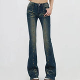 KYLETHOMASW  -  Vintage Americana Low Rise Flared Jeans Rivet Studs Distressed Washed Denim Pants Bootcut Slim Y2K Harajuku Street Denim Pants