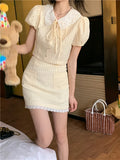 KYLETHOMASW  -  Summer Yellow Fashion 2 Piece Sets Cute Girl Short Puff Sleeve Lace Doll Collar Shirt Top&Mini Skirt 2pc Dress Suits
