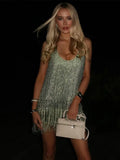 KYLETHOMASW  -  Sequined Short Dress Women Sexy Square Collar Tassels Slip Sleeveless Patchwork A-line Party Dresses Charming Ladies Streetwear
