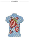 KYLETHOMASW  -  Sweet and cool blue plaid strawberry print pleated shirt women's summer slim-fit semi-turtleneck short-sleeved top