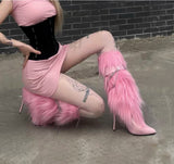 KYLETHOMASW  -  Pink Y2k Stiletto Metal Chain Boots Autumn Winter New Sexy Black High-heeled Fur Boots   on off