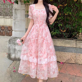 KYLETHOMASW  -  French tulip flower sweet temperament floral square neck long dress summer large size high waist thin gentle style dress