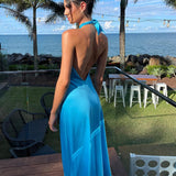 KYLETHOMASW  -  Elegant Satin Maxi Dresses For Women Birthday Party Sexy Chest Wrap Backless Bandage Halter Long Dress Club Evening Robe Summer