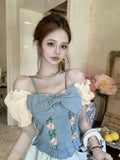 KYLETHOMASW  -  New Heavy-industrial Denim Design Three-dimensional Embroidered Sweet Suspender Slim Top