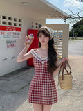 KYLETHOMASW  -  Lace Suspender Plaid Dress For Women's 2024 Summer New Popular Clothing Korean Fashion Elegant Party High Quality Short Dresses.