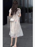 KYLETHOMASW  -  French Square Neckline Dresses Elegant Printed Dress Women Summer New Design Slim Waist A Line Long Vestido