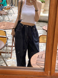 KYLETHOMASW  -  Korea Chic High Waist Elegant Jeans Women 2024 New Drawstring Loose All Match Trousers Blue Fashion Design Wide Leg Pants Autumn