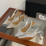 KYLETHOMASW  -  Fashion Stiletto Heeled Sandals Shining Rhinestone Slingback Pumps Mesh Pointed Toe High Heels Elegant Party Ladies Shoe